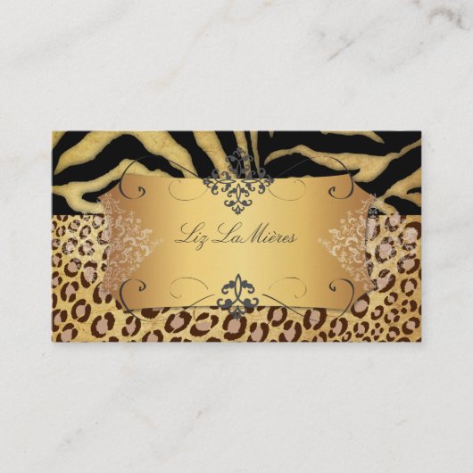 PixDezines  LEOPARD+ZEBRA+FAUX+GOLD+LABEL Visitekaartje (Voorkant)