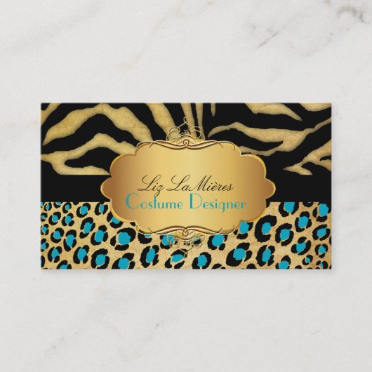 PixDezines LEOPARD+ZEBRA+FAUX+GOLD+LABEL Visitekaartje (Voorkant)