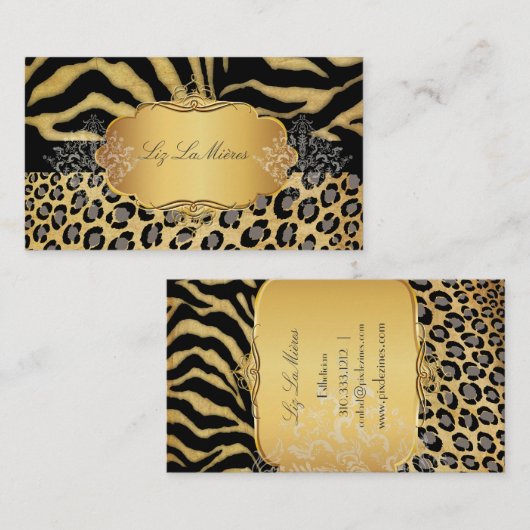 PixDezines  LEOPARD+ZEBRA+FAUX+GOLD+LABEL Visitekaartje (Voorkant / Achterkant)