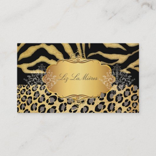 PixDezines  LEOPARD+ZEBRA+FAUX+GOLD+LABEL Visitekaartje (Voorkant)