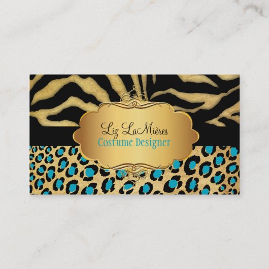PixDezines  LEOPARD+ZEBRA+FAUX+GOLD+LABEL Visitekaartje (Voorkant)