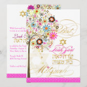 PixDezines levensboom+bloem, Bat Mitzvah Kaart (Voorkant / Achterkant)