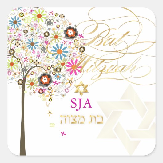 PixDezines levensboom/bloem/Bat Mitzvah Vierkante Sticker (Voorkant)