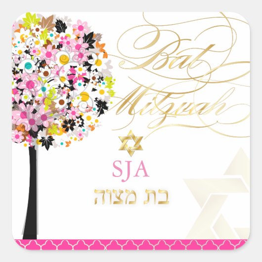 PixDezines levensboom/bloem/Bat Mitzvah Vierkante Sticker (Voorkant)