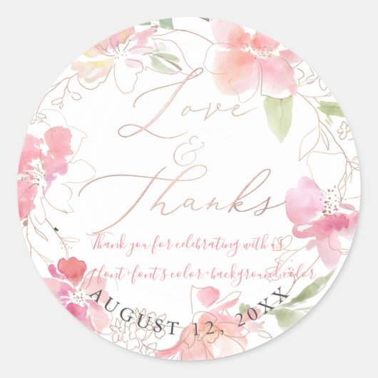 PixDezines Liefde + Bedankt, Bloemen Waterverf, Bl Ronde Sticker (Voorkant)