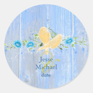 PixDezines liefdesvogels + rustieke blauwe houten Ronde Sticker