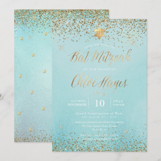 PixDezines Light Blue Gold Glitter Bat Mitzvah Kaart (Voorkant / Achterkant)