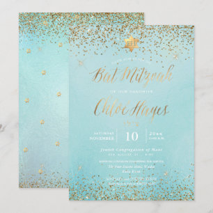PixDezines Light Blue Gold Glitter Bat Mitzvah Kaart