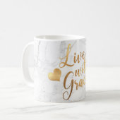 PixDezines LIVE MET GRACE/Marble+Faux Gold Script Koffiemok (Voorkant links)