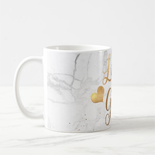 PixDezines LIVE MET GRACE/Marble+Faux Gold Script Koffiemok (Links)