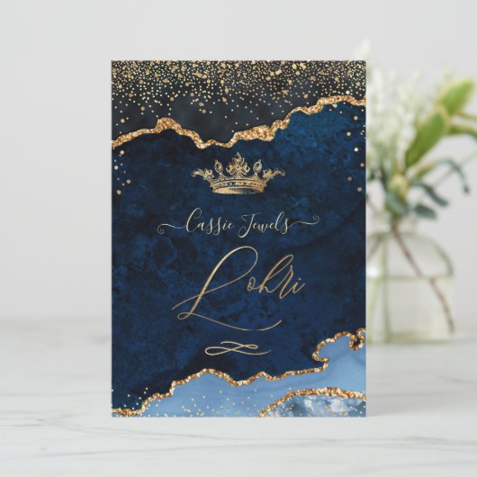 PixDezines Lohri Celebration Navy Blue Agate Gold Kaart (Staand voorkant)