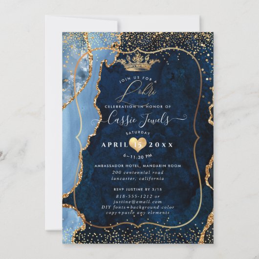 PixDezines Lohri Celebration Navy Blue Agate Gold Kaart (Achterkant)