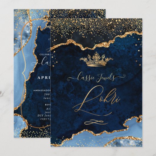 PixDezines Lohri Celebration Navy Blue Agate Gold Kaart (Voorkant / Achterkant)