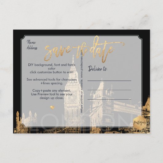 PixDezines/LONDON Save the Date/Faux Gold Aankondigingskaart (Achterkant)