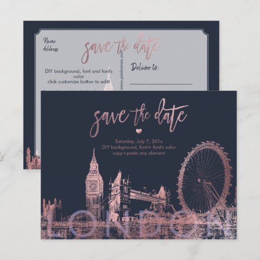 PixDezines London Save the Date/Faux Roos Gold Aankondigingskaart (Voorkant / Achterkant)