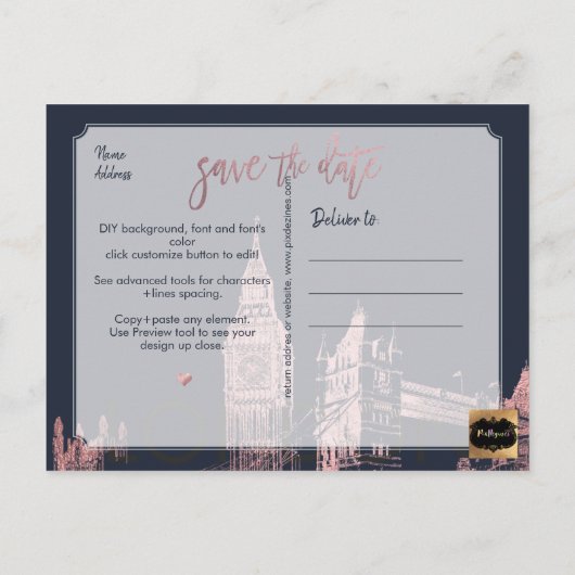 PixDezines London Save the Date/Faux Roos Gold Aankondigingskaart (Achterkant)