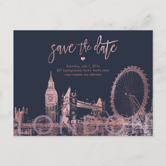 PixDezines London Save the Date/Faux Roos Gold Aankondigingskaart (Voorkant)