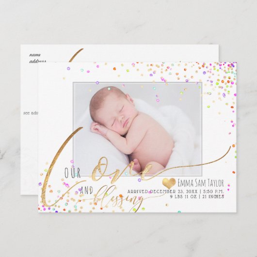 PixDezines Love Geboorteaankondiging/Confetti Aankondigingskaart (Voorkant / Achterkant)