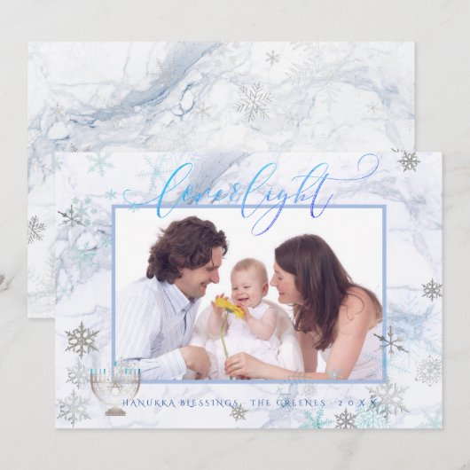 PixDezines Love+ Light Chanoeka Marble Snowflakes Feestdagenkaart (Voorkant / Achterkant)