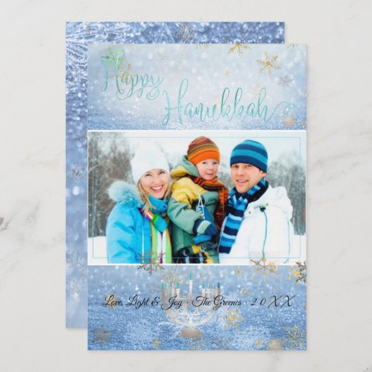 PixDezines Love+Light Hannukkah/sneeuw+Bokeh Feestdagenkaart (Voorkant / Achterkant)