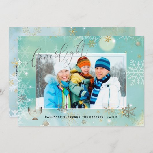 PixDezines Love+Light Hannukkah/sneeuwvlokken+Boke Feestdagenkaart (Voorkant / Achterkant)