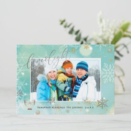 PixDezines Love+Light Hannukkah/sneeuwvlokken+Boke Feestdagenkaart (Staand voorkant)