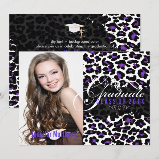 PixDezines Luipaardprint Afstuderen, Paars Kaart (Voorkant / Achterkant)