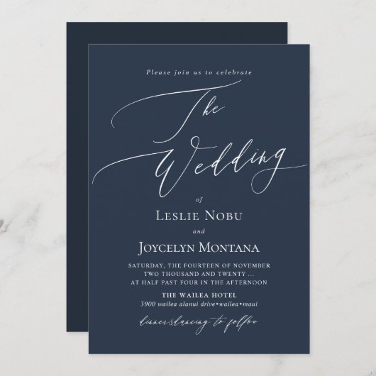 PixDezines Luxe Calligrafie Navy Blue Wedding Kaart (Voorkant / Achterkant)