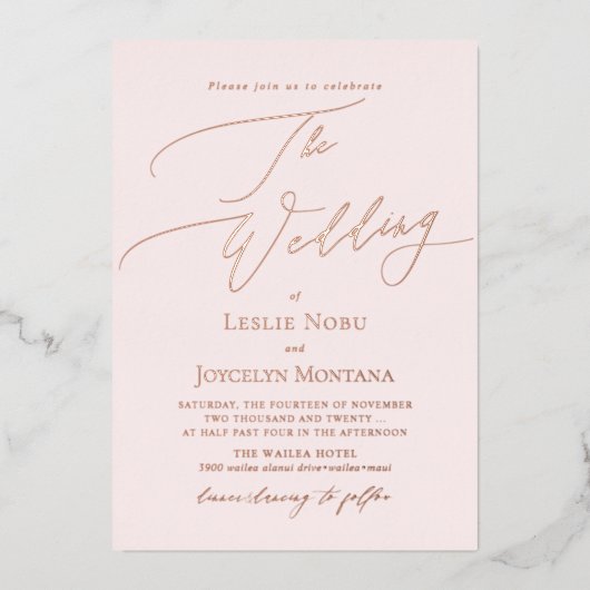 PixDezines Luxe kalligrafie Minimalistisch Roos Go Folie Uitnodiging (Voorkant)