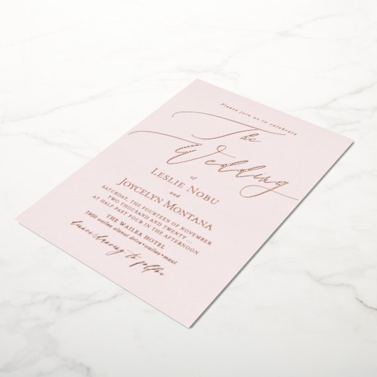 PixDezines Luxe kalligrafie Minimalistisch Roos Go Folie Uitnodiging (Gedraaid)