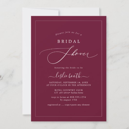 PixDezines Luxe Script Burgundy Bruiloftsborrel Kaart (Voorkant)