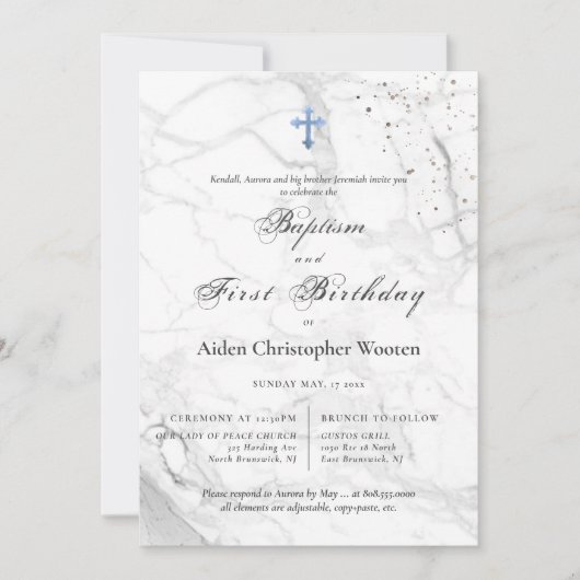 PixDezines Marble Blue Cross doop 1e verjaardag Kaart (Voorkant)
