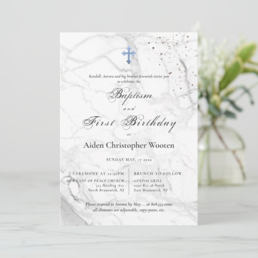 PixDezines Marble Blue Cross doop 1e verjaardag Kaart (Staand voorkant)