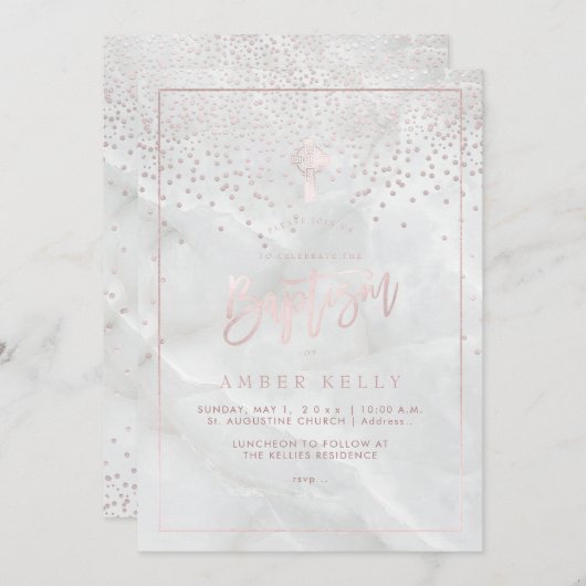 PixDezines Marble+Blush Pink Confetti/Baptisme Kaart (Voorkant / Achterkant)