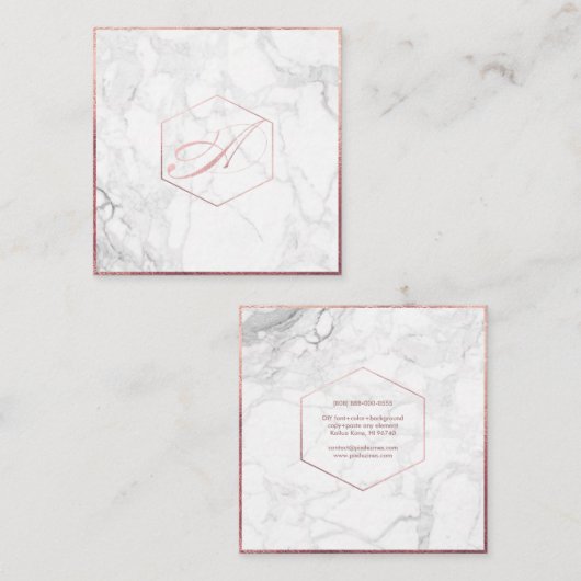 PixDezines Marble+Elegant Faux Roos Gold Monogram Vierkante Visitekaartje (Voorkant / Achterkant)