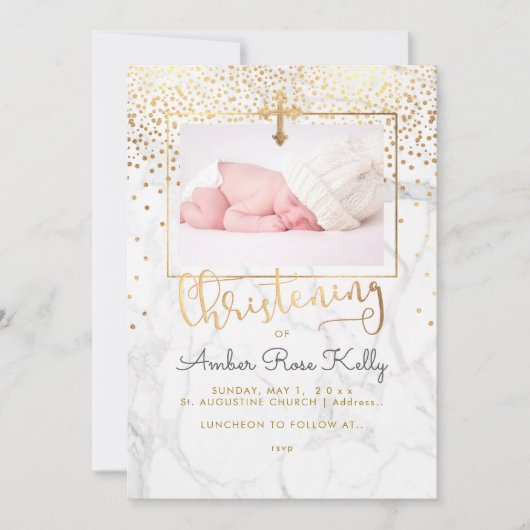 PixDezines Marble+Faux Gold Confetti Christening Kaart (Voorkant)