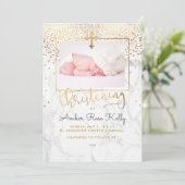 PixDezines Marble+Faux Gold Confetti Christening Kaart (Staand voorkant)