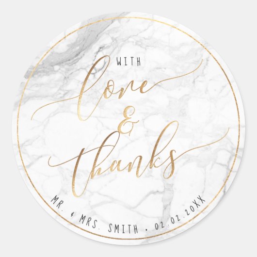 PixDezines MARBLE+FAUX GOLD, LOVE+BEDANKT Ronde Sticker (Voorkant)