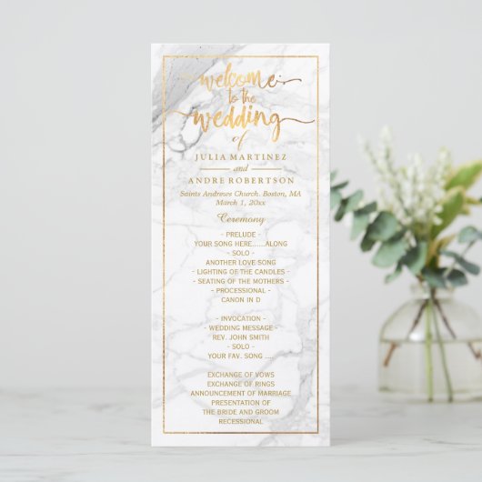 PixDezines Marble + Faux Gold Wedding Programma Programmakaart (Staand voorkant)