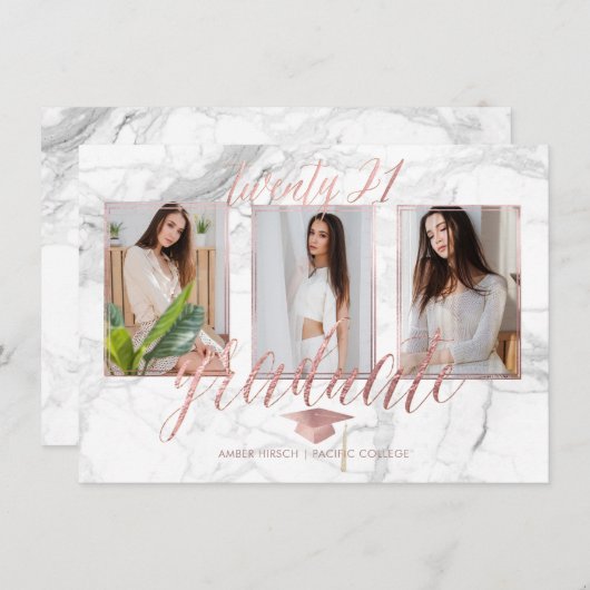 PixDezines Marble Faux Roos Gold Afstuderen Invita Kaart (Voorkant / Achterkant)