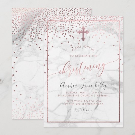 PixDezines Marble+Faux Roos Gold/Christening Kaart (Voorkant / Achterkant)