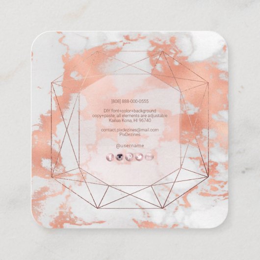PixDezines Marble+Faux Roos Gold Emerald Cut Vierkante Visitekaartje (Achterkant)