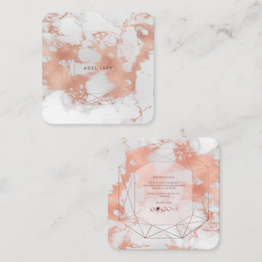 PixDezines Marble+Faux Roos Gold Emerald Cut Vierkante Visitekaartje (Voorkant / Achterkant)