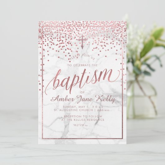 PixDezines Marble+Faux Roos Gold Stippen/Baptisme Kaart (Staand voorkant)