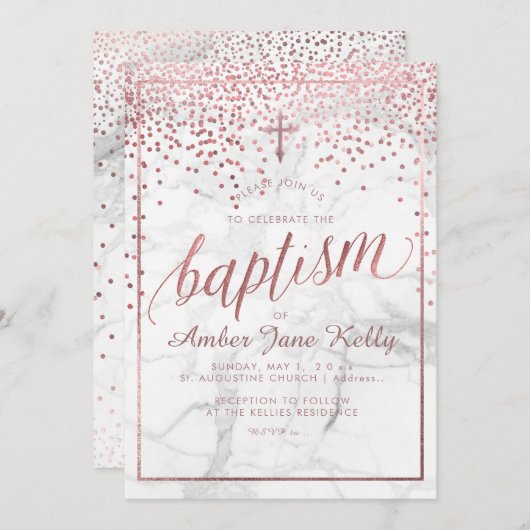 PixDezines Marble+Faux Roos Gold Stippen/Baptisme Kaart (Voorkant / Achterkant)