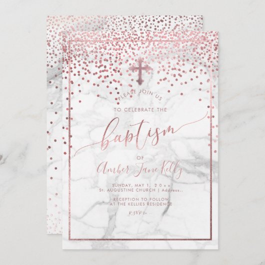 PixDezines Marble+Faux Roos Gold Stippen/Baptisme Kaart (Voorkant / Achterkant)
