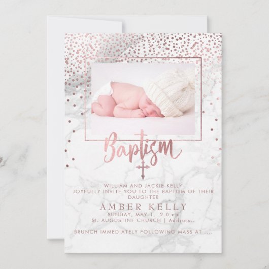 PixDezines Marble+Faux Roos Gold Stippen/Baptisme Kaart (Voorkant)