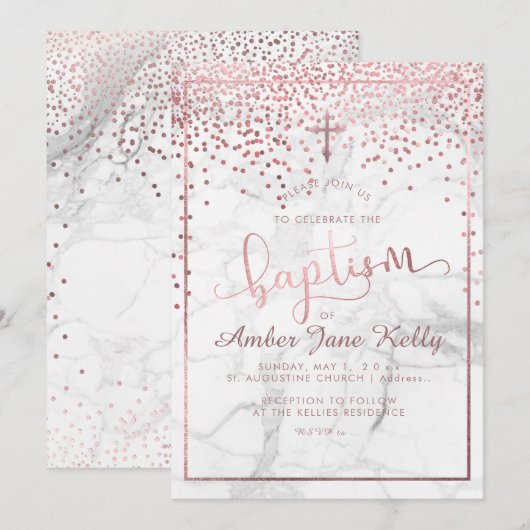 PixDezines Marble+Faux Roos Gouden Stippen/Doop Kaart (Voorkant / Achterkant)