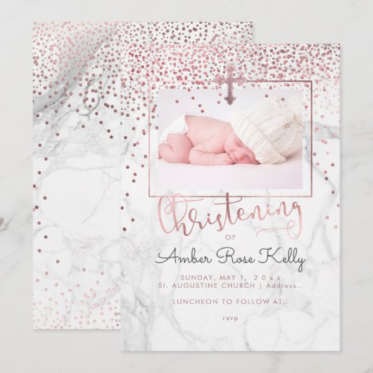 PixDezines Marble+Faux Roos Gouden Stippen Doop Kaart (Voorkant / Achterkant)