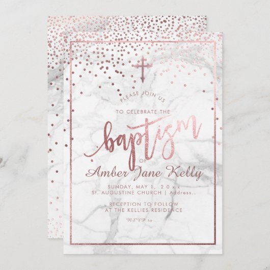 PixDezines Marble+Faux Roos Gouden Stippen/Doop Kaart (Voorkant / Achterkant)